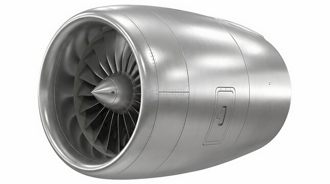 Modern turbofan jet engine with metallic casing and internal rotating fan blades isolated on white background
