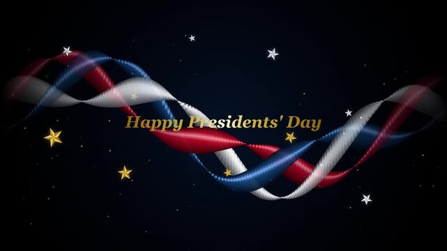Happy presidents' day motion background, with red white, and blue ribbons, and stars