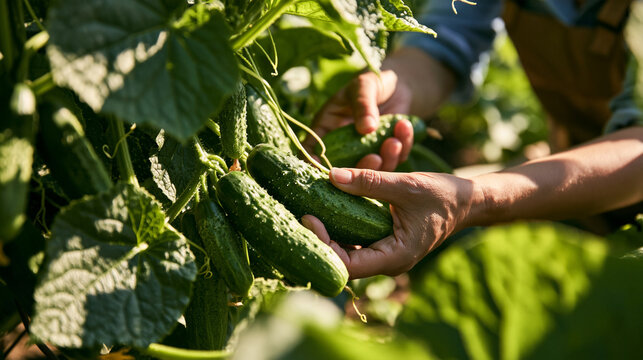 Close-up of human hands carefully harvesting fresh, organic cucumbers from a lush green vine in a sun-drenched garden or farm during the vibrant summer season, emphasizing sustainable