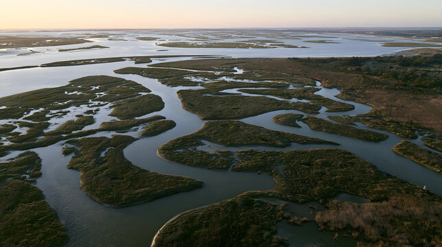 A fictional salt marsh seen obliquely from above narrow branc