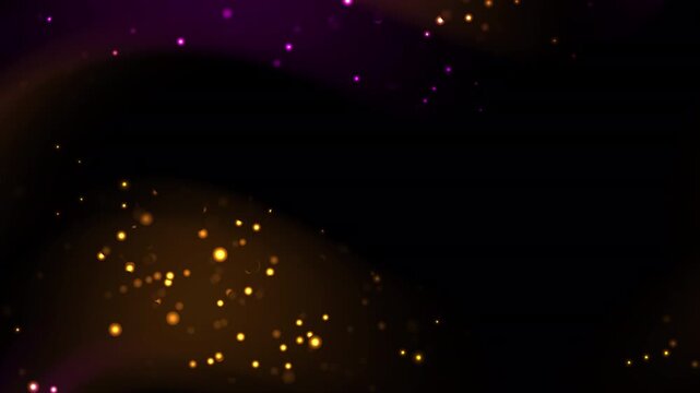Orange dust swirls around purple particles against a basic plain background, turning abstract texture into a luminous technology scene shaped by geometric light