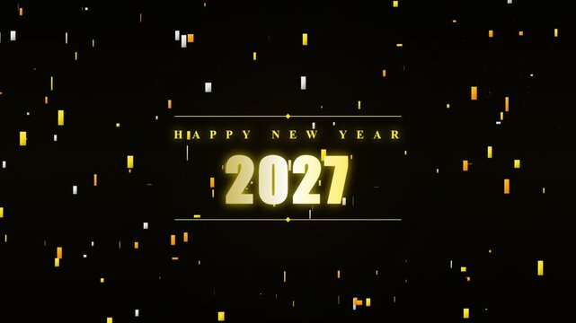 Happy new year 2027 gold glowing text animation with falling confetti particles and motion background