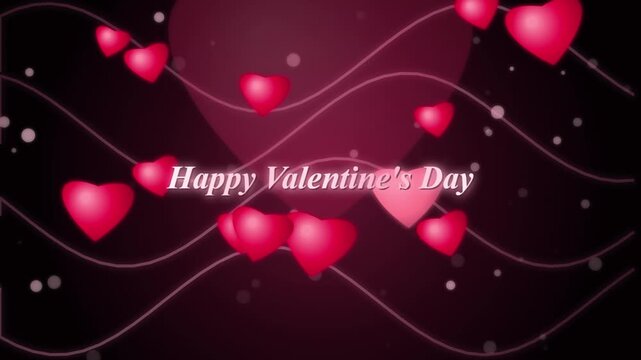 Happy valentine's day animated greeting with floating red hearts and swirls