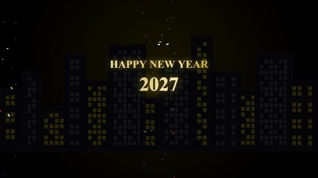 Happy new year 2027 celebration motion background with golden city skyline and confetti