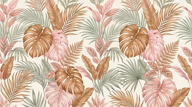 Seamless pattern with tropical palm leaves in gold pink and grey colors for stylish wallpaper and fabric design
