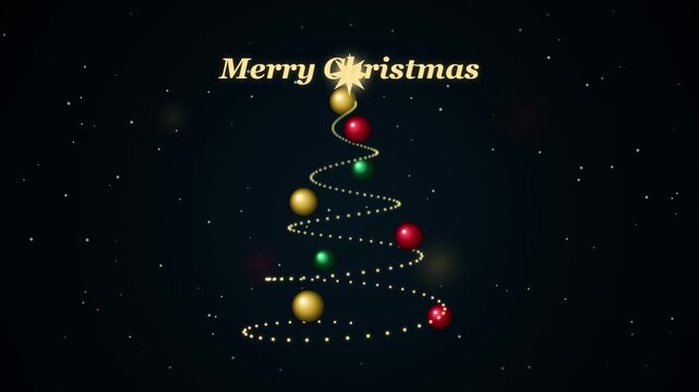 Animated merry Christmas tree with glowing ornaments and falling snow motion background
