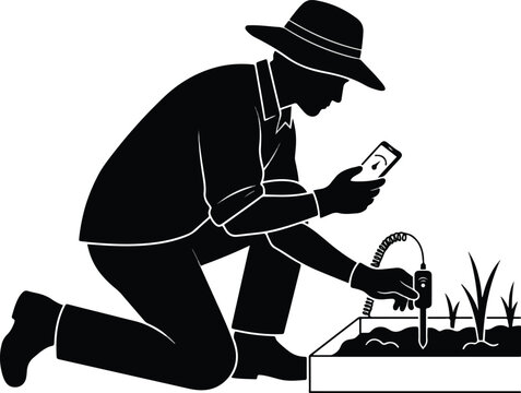 Farmer Testing Soil Moisture with Digital Meter and Smartphone Vector Illustration