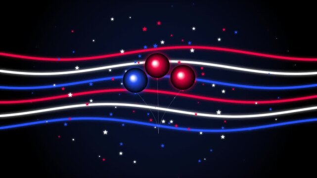 Patriotic red white and blue abstract motion background with floating spheres and stars