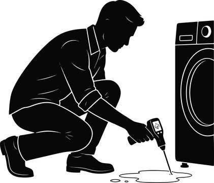 Technician Inspecting Washing Machine Water Leak with Moisture Meter Vector Illustration