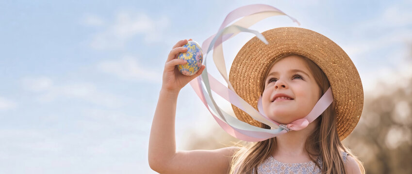 Young girl in Easter bonnet holding decorated egg outdoors
