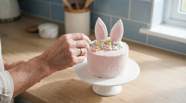 Person decorating pink Easter cake with bunny ears