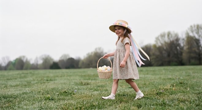 Young girl in Easter bonnet walking with basket in spring field