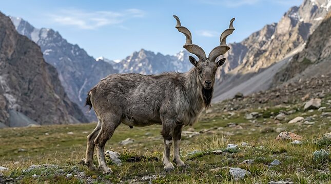 Markhor standing on an alpine meadow with rocky mountain peaks in background