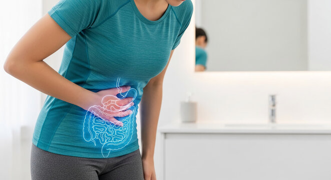 Woman holding her abdomen with an illustration of digestive organs, symbolizing pain or discomfort related to digestion, healthcare concept