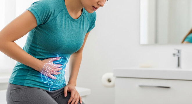 Woman experiencing abdominal pain with a visual representation of the digestive system, symbolizing discomfort and health issues, suitable for medical contexts.