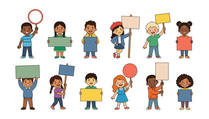 Fototapeta premium Diverse cute children holding empty blank banners placards and signs vector collection for message announcement or protest illustration