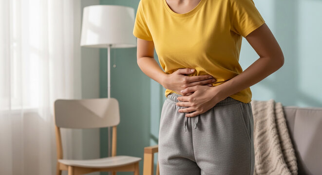 Woman clutching stomach in discomfort, representing pain, illness, or digestive issues in a home environment
