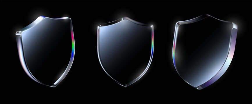 Glass shield security cyber defense concept. Glossy transparent protective armor graphic elements with iridescent holographic edges for safety privacy data protection antivirus 3d render set