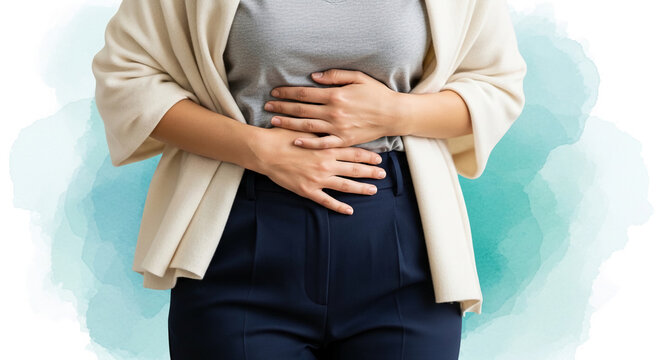 Person holding abdomen, showing discomfort or pain. Symbolizes health issues, digestive problems, or internal discomfort. free space text mockup blank