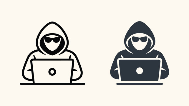 Black and white hacker icon set with hooded figure using laptop for cybersecurity and crime concepts.