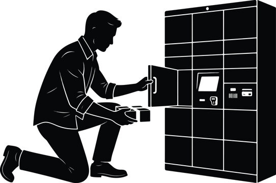 Man Placing Parcel Box inside Automated Delivery Locker Station Vector Illustration