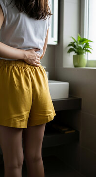 Person holding abdomen in discomfort, symbolizing stomach pain, bloating, or digestive issues, representing health concerns.