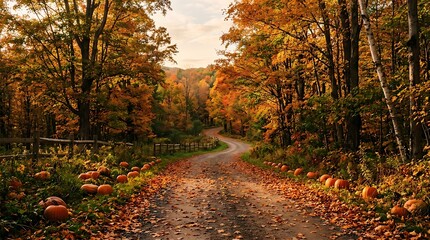 Obraz premium Winding country dirt road lined with pumpkins during peak autumn season.