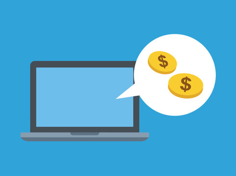 Laptop Illustration with Gold Dollar Coins in Speech Bubble Representing Online Earnings and Digital Business