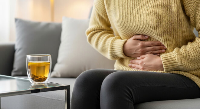 Person holding stomach with a glass of tea nearby, symbolizing discomfort and a moment of relief, representing a common health concern.