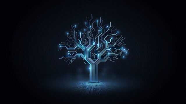 Futuristic circuit board tree glowing with blue light
