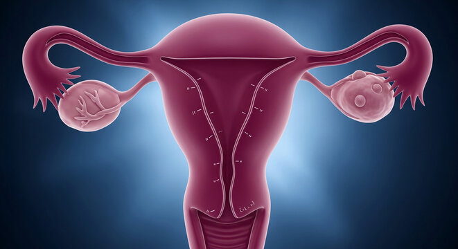 3D rendering of female reproductive system with uterus, ovaries, and fallopian tubes, symbolizing fertility and reproduction, medical visualization.