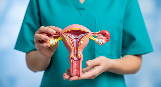 Model of human reproductive organ held by hands, representing anatomy, health, and medical science, ideal for educational or healthcare content.