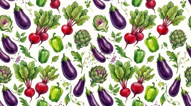 Seamless pattern with hand drawn fresh vegetables like purple eggplants red beets green peppers and artichoke hearts