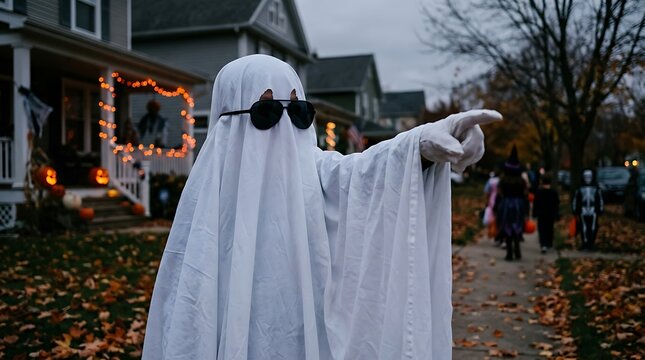 Child wearing white bedsheet ghost costume points finger at street scene.