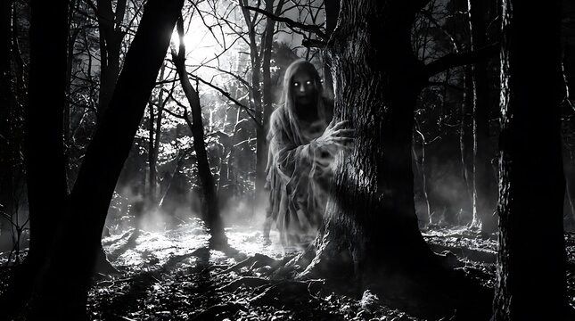 Eerie spectral spirit lurks behind large tree in dark misty forest scene.