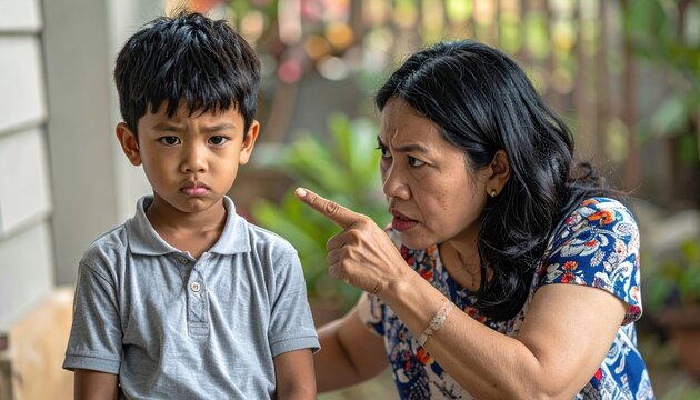 Mother scolding a sad young son with pointing finger during family discipline