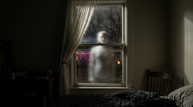 Eerie ghost silhouette appears behind window of dark bedroom interior.
