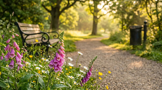Serene Park Bench with Wildflowers and Pathway.