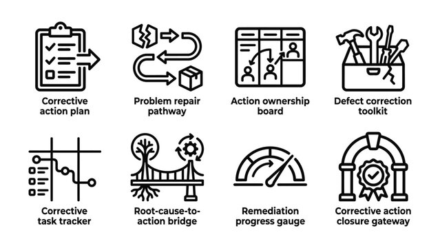 Business Process Improvement Icons: A collection of clean, line-art icons representing various aspects of business process improvement, including corrective action plans, problem repair pathways.