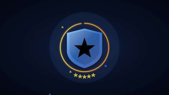 Polished blue and yellow achievement badge with glowing progress ring and orbiting geometric rewards for digital learning gamification