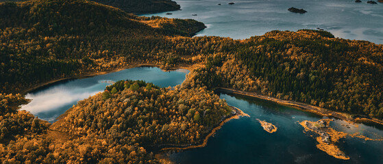 Panoramic aerial view of a scenic fjord and lake surrounded by golden autumn forest in northern Norway © Quality by Simon