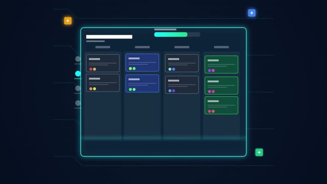 Futuristic Project Management Kanban Board Interface with Neon Glowing Task Cards