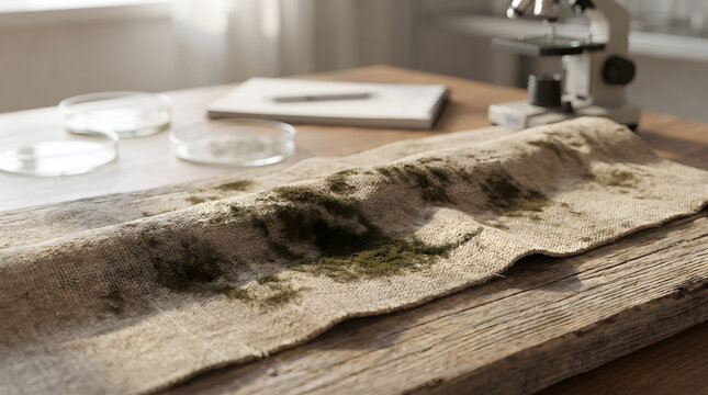 A close-up view of cladosporium mold growth on fabric placed on a laboratory table with a microscope