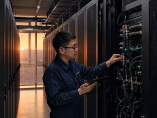 Fototapeta premium Technician Inspecting Server Racks in a Data Center at Sunset