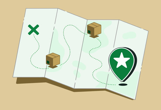 Folded Map with Multi-Stop Parcel Delivery Route and Star Location Pin Vector Illustration for Supply Chain Tracking