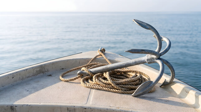 A close up of a metal anchor resting on the bow of a white boat with coiled rope on a calm ocean water