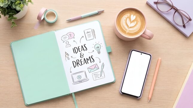 Flat lay of open notebook with ideas and dreams text and coffee cup on desk