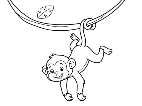 Cute cartoon monkey hanging from a branch with a playful expression