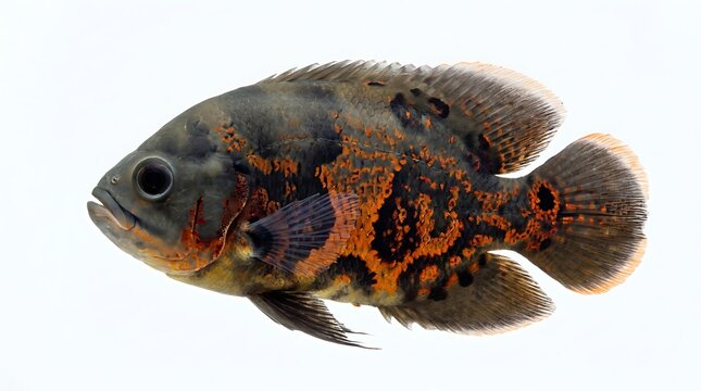 Stunning tiger oscar fish with striking orange and black patterns isolated on white background