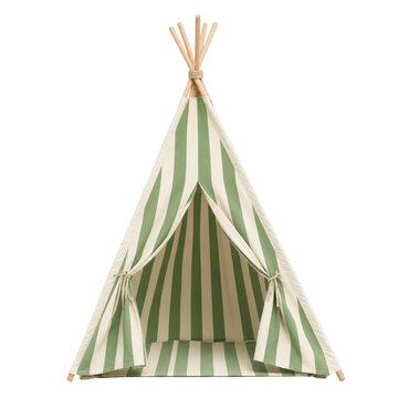Decorative childs teepee tent with green and white stripes as isolated on transparent background